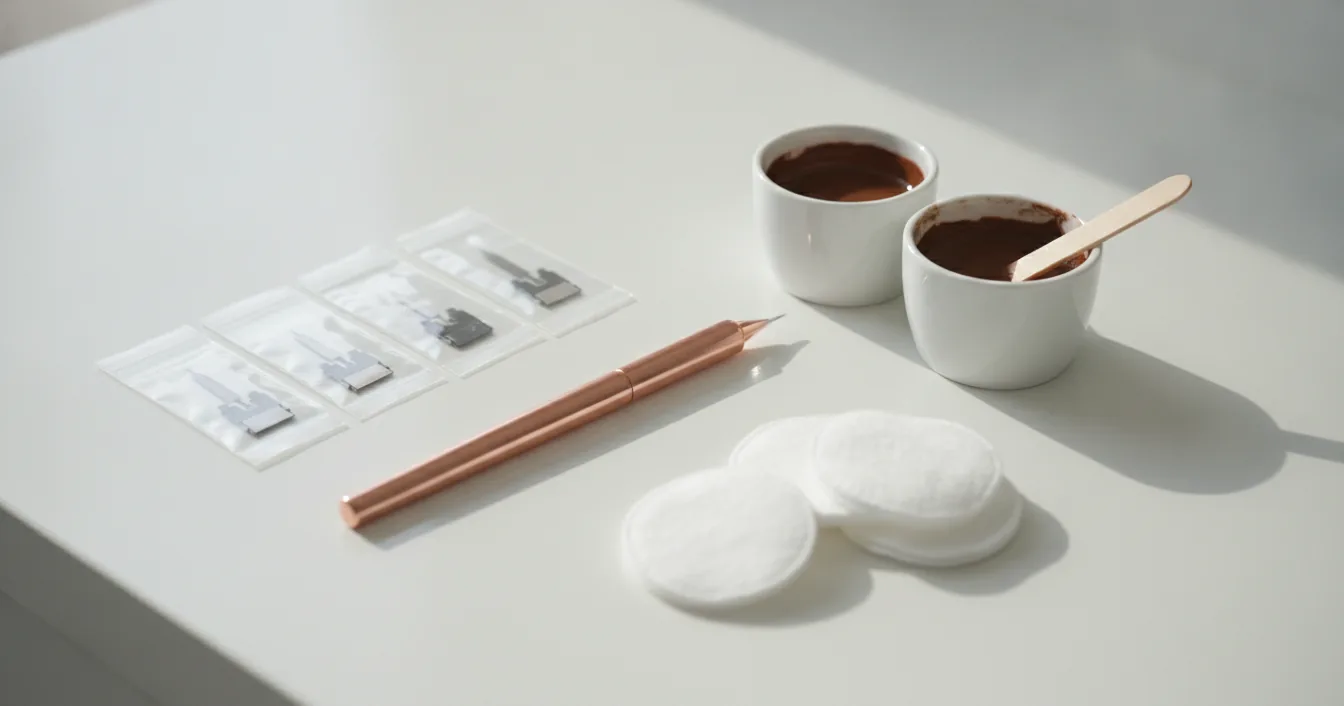 An at-home microblading kit laid out on a white bathroom counter: a rose-gold manual pen tool, sealed disposable blades, two pots of dark pigment, and cotton pads.