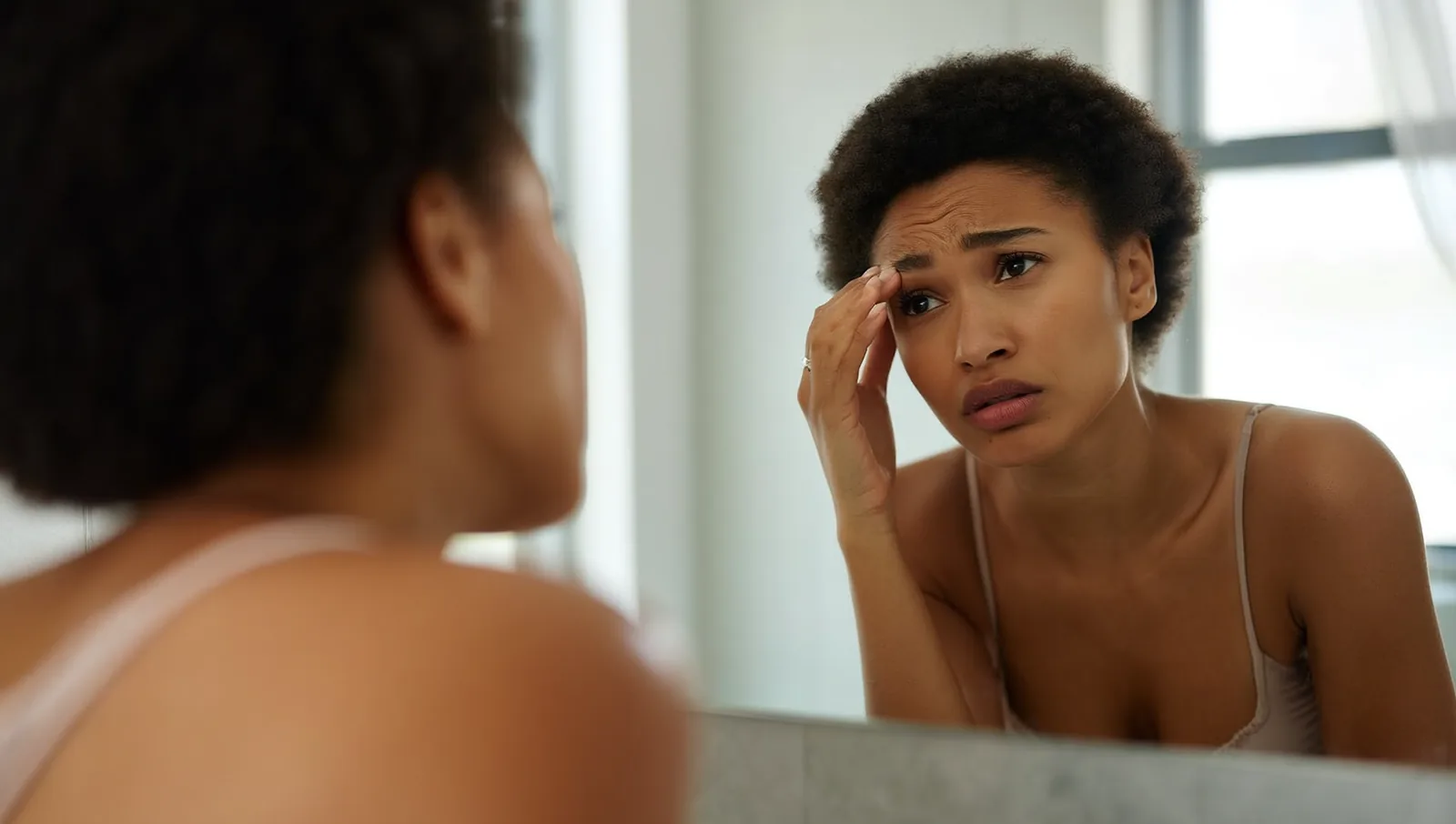 A woman leans toward a bathroom mirror with a worried expression, examining her eyebrows.