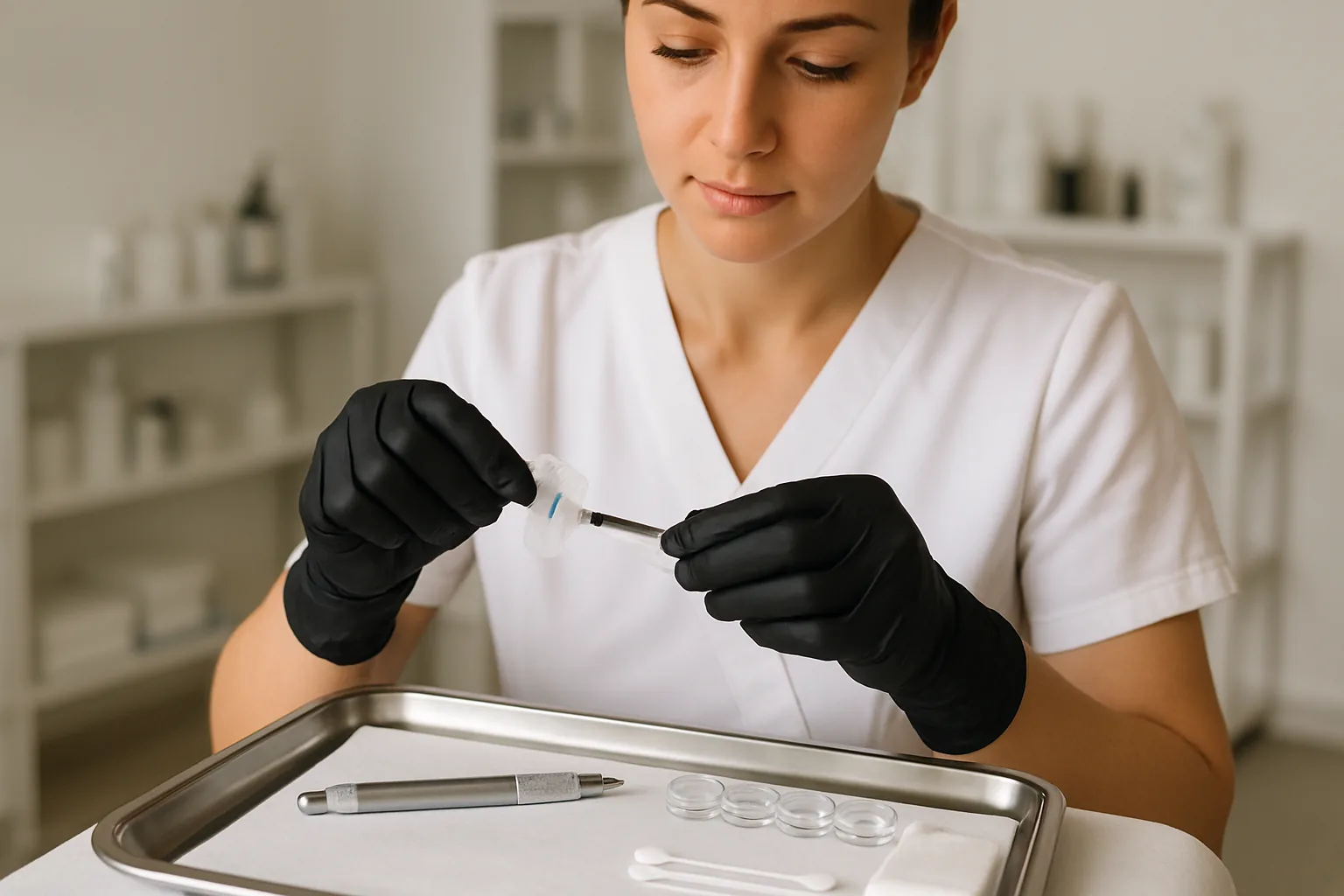 A gloved permanent makeup artist opens a sealed single-use tool over a sterile tray at a professional studio station.
