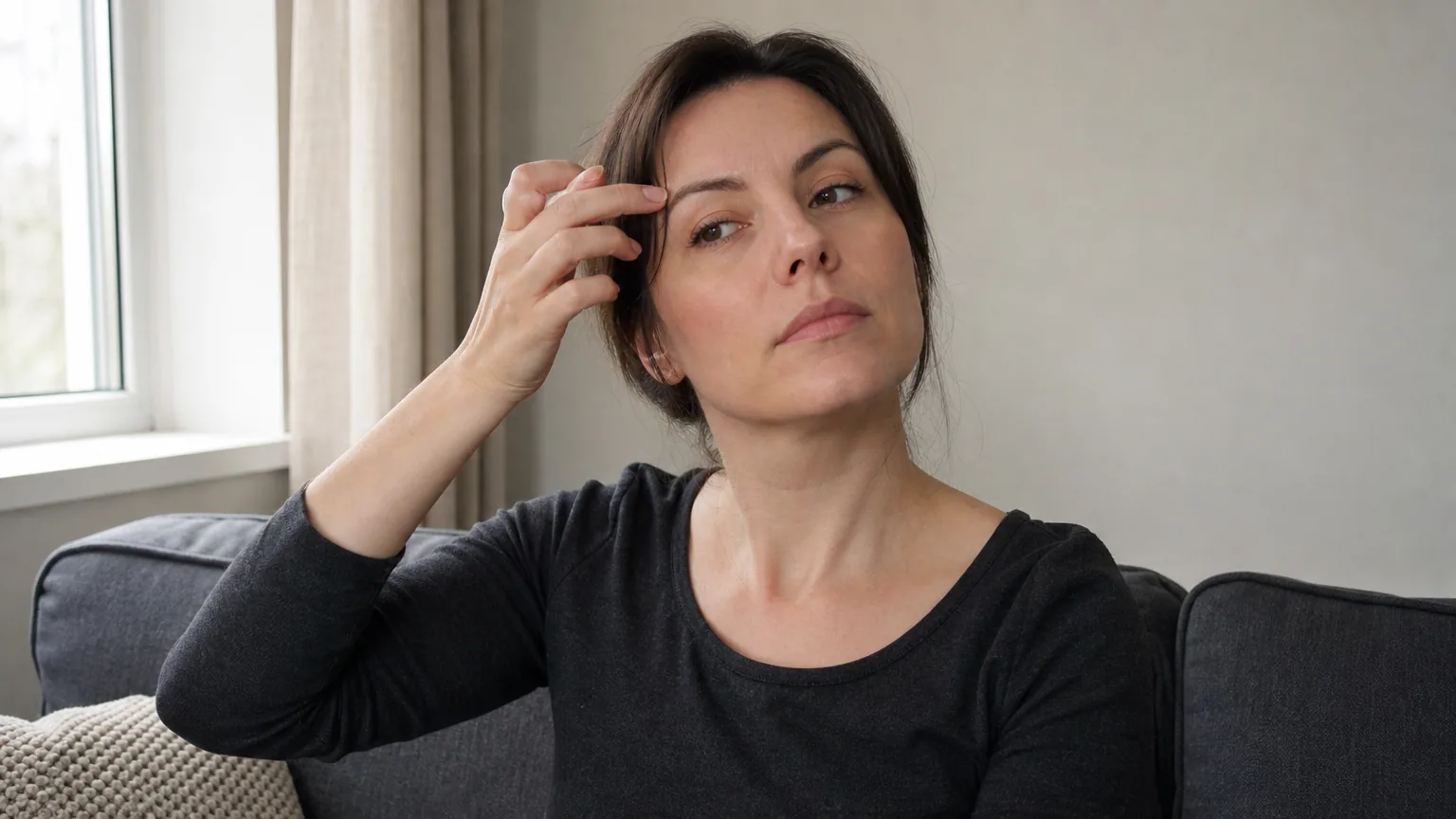 Woman touching her eyebrow while seated on a sofa