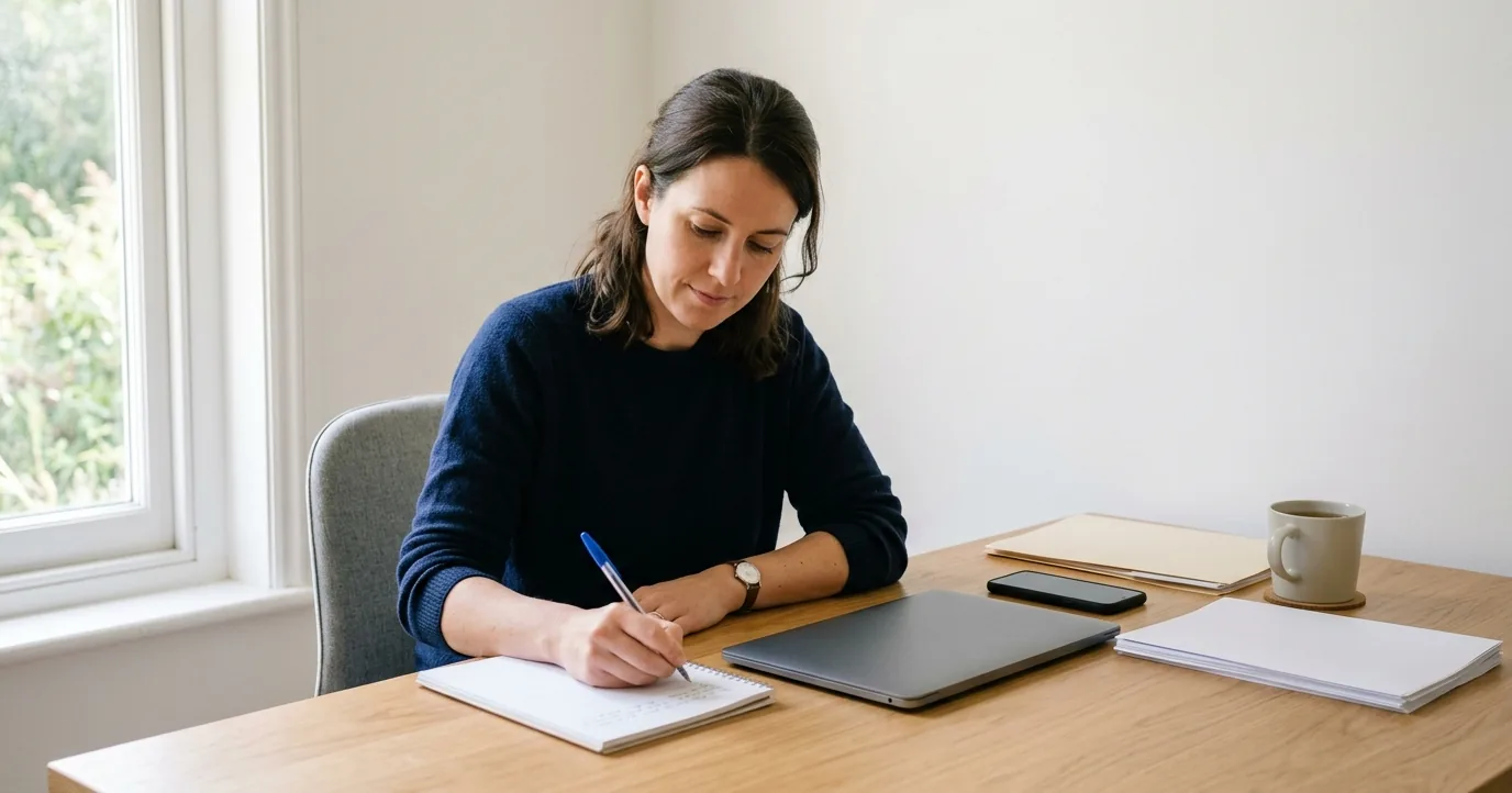 Woman writing in a notebook at a home desk