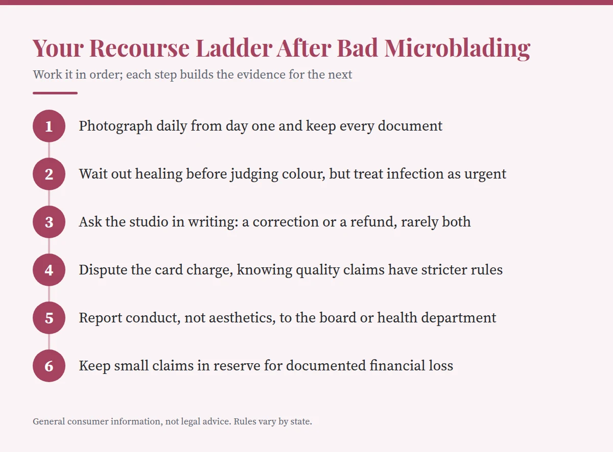 Summary card: Your Recourse Ladder After Bad Microblading