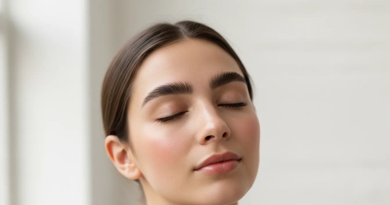 A close-up of a woman's neatly groomed, full eyebrows in soft natural studio light.
