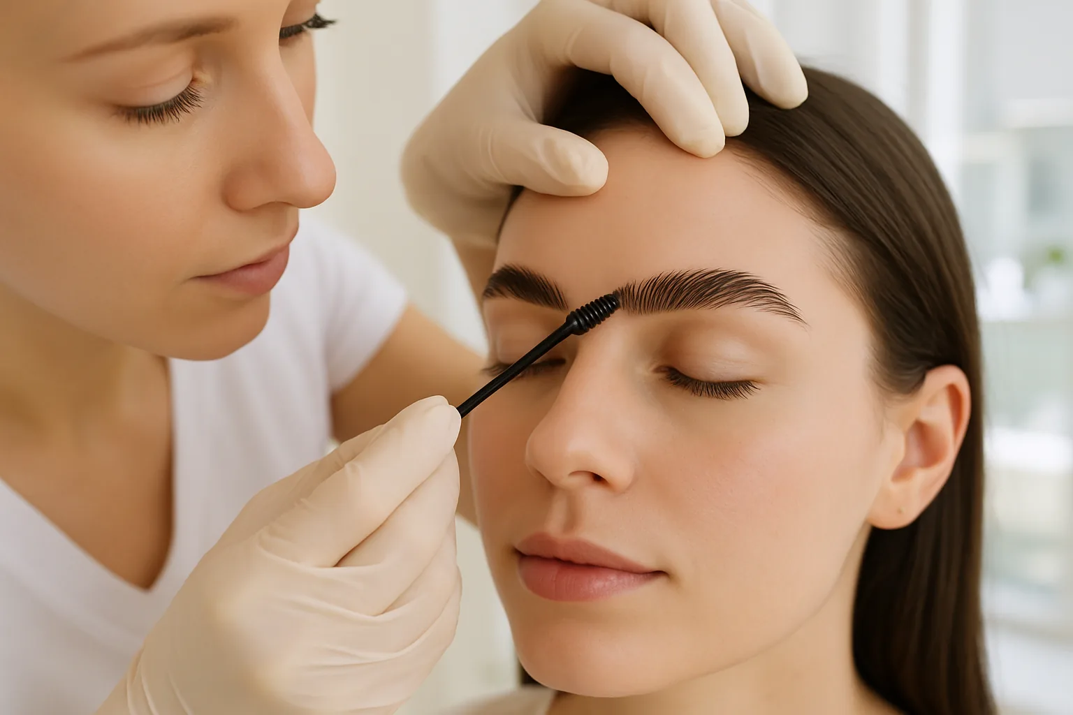A beauty technician brushes a client's eyebrows upward with a spoolie during a brow lamination treatment.