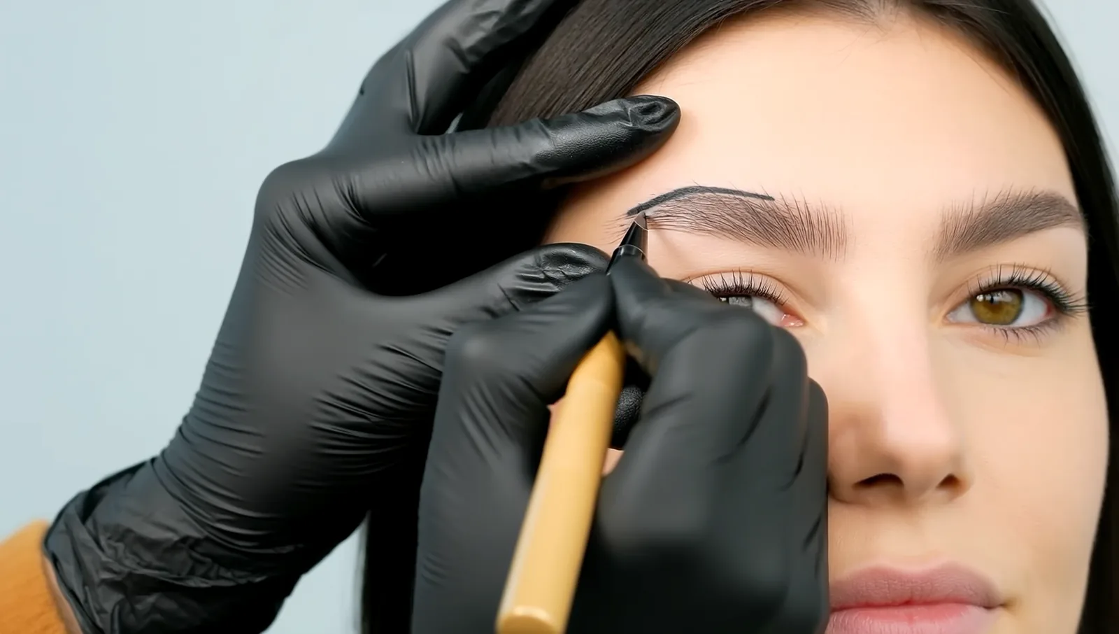 A gloved permanent makeup artist creates fine hair-like strokes on a client's eyebrow with a microblading tool.