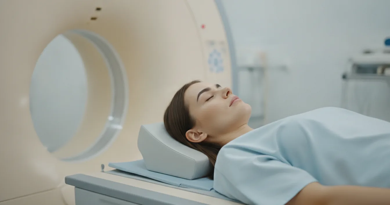 A woman with softly defined eyebrows lying calmly on an MRI scanner bed in a bright radiology suite.