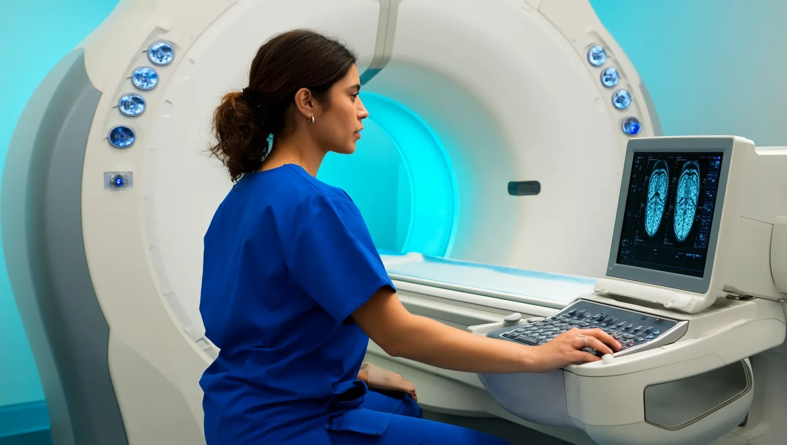 A radiology technician in scrubs operating an MRI scanner control console in a hospital imaging room.