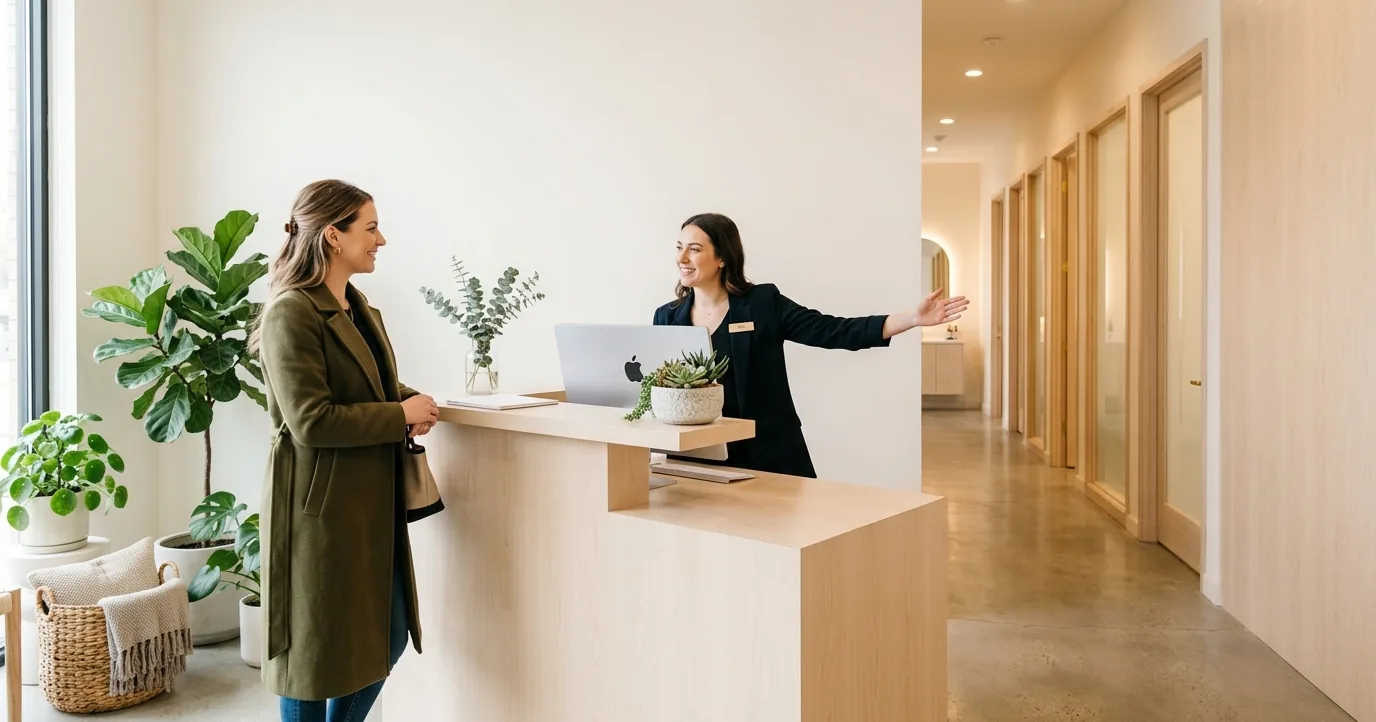 Woman at the reception desk of a brow studio