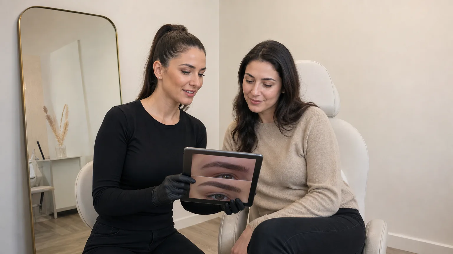 Brow artist and client looking at photos on a tablet