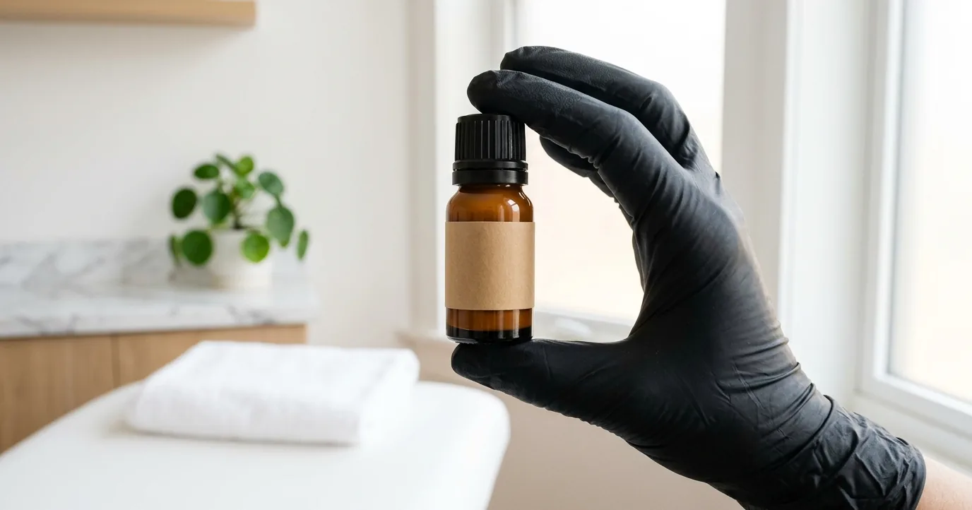 Gloved hand holding a small amber pigment bottle