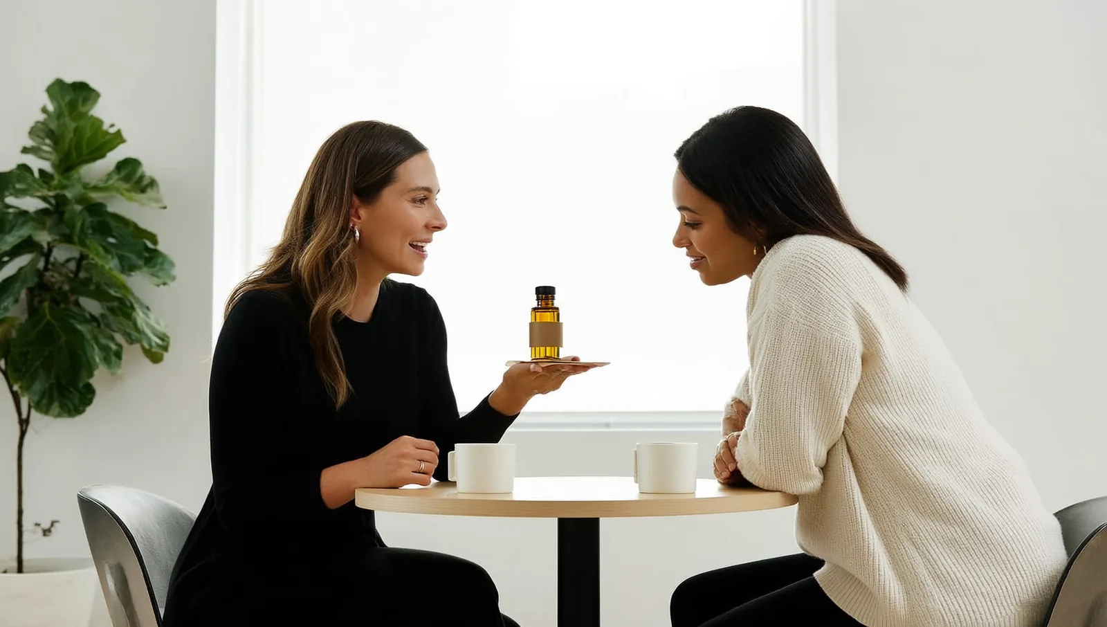 Brow artist showing a client a pigment bottle