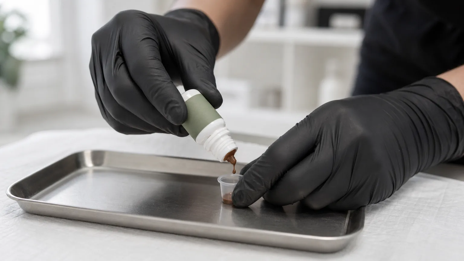 Gloved hands squeezing brown pigment into a cup