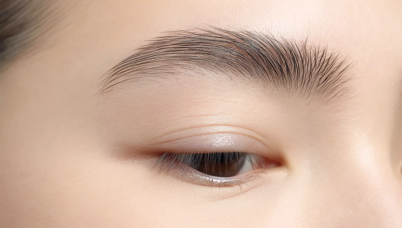 Macro close-up of a single eyebrow showing crisp, individual hair-like pigment strokes on smooth skin.