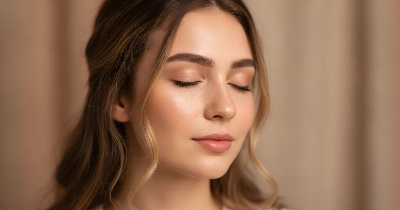 A serene close-up portrait of a woman with soft, full, naturally shaped eyebrows and clear glowing skin in warm studio light.