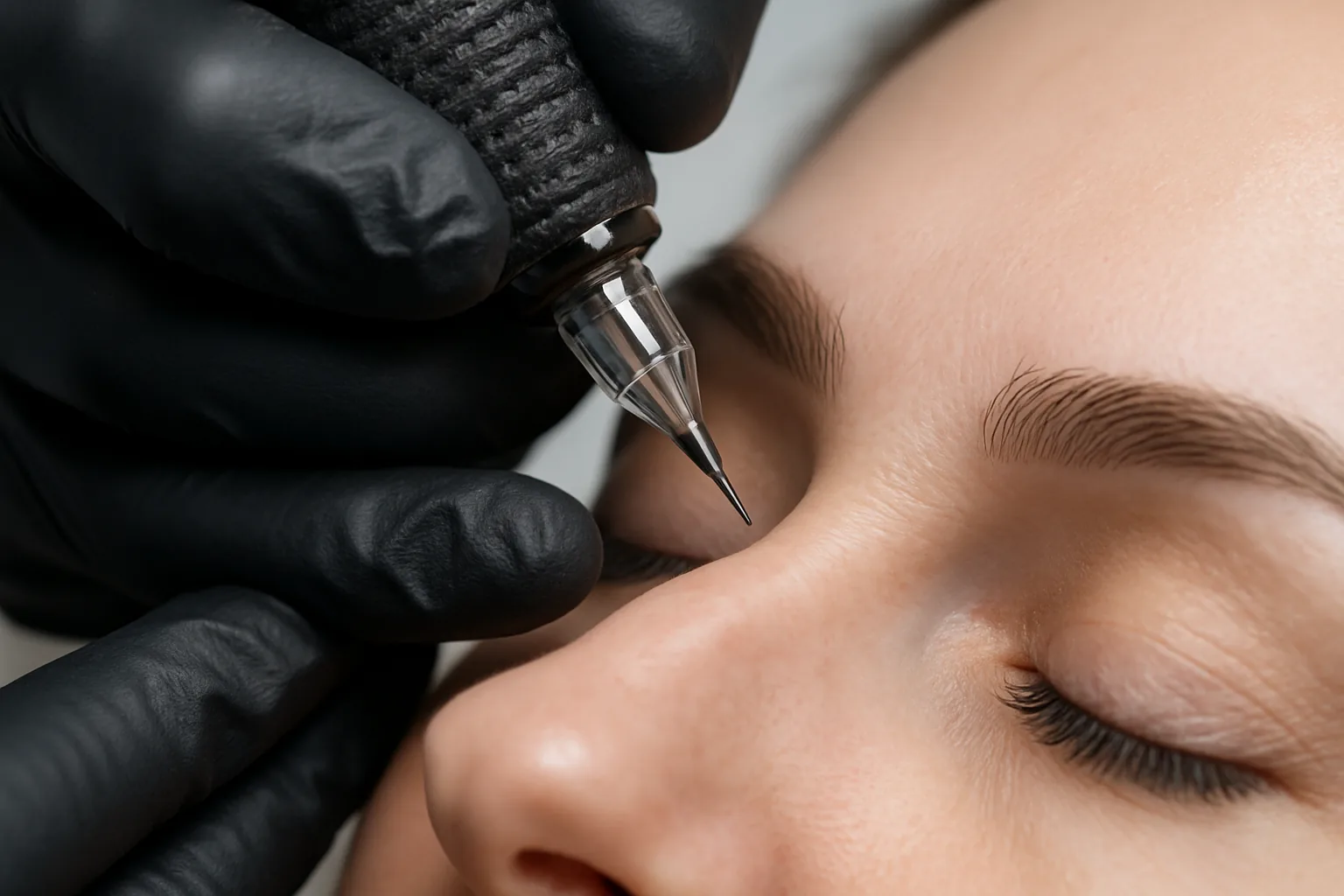 A permanent makeup artist in gloves uses a rotary tattoo machine to place fine hair-like strokes on a client's eyebrow.
