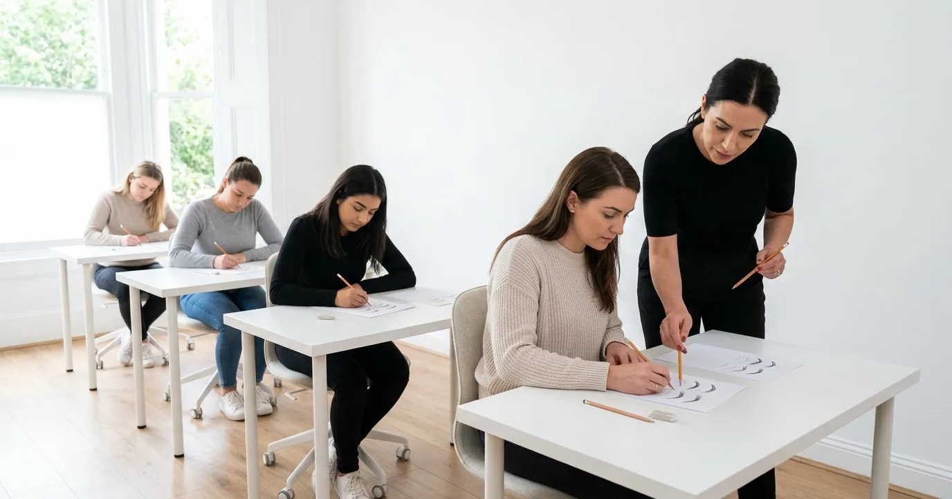 Students at desks drawing brow shapes on practice sheets in a training class