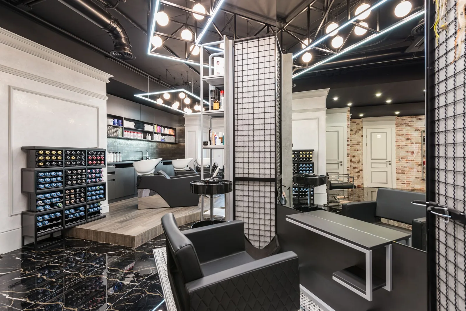 Styling chairs and product shelves in a salon