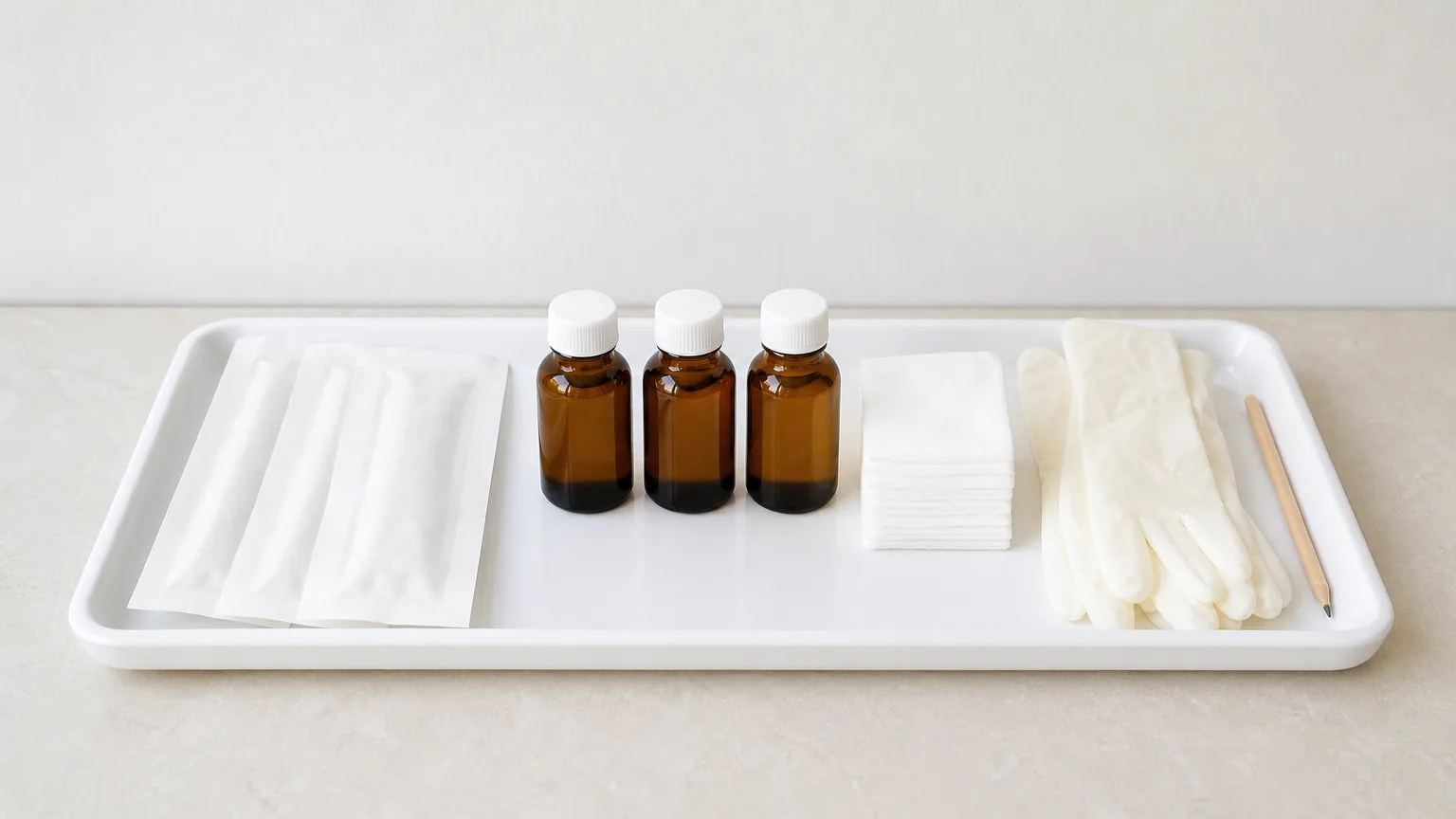 Pigment bottles, gloves and pouches on a white tray
