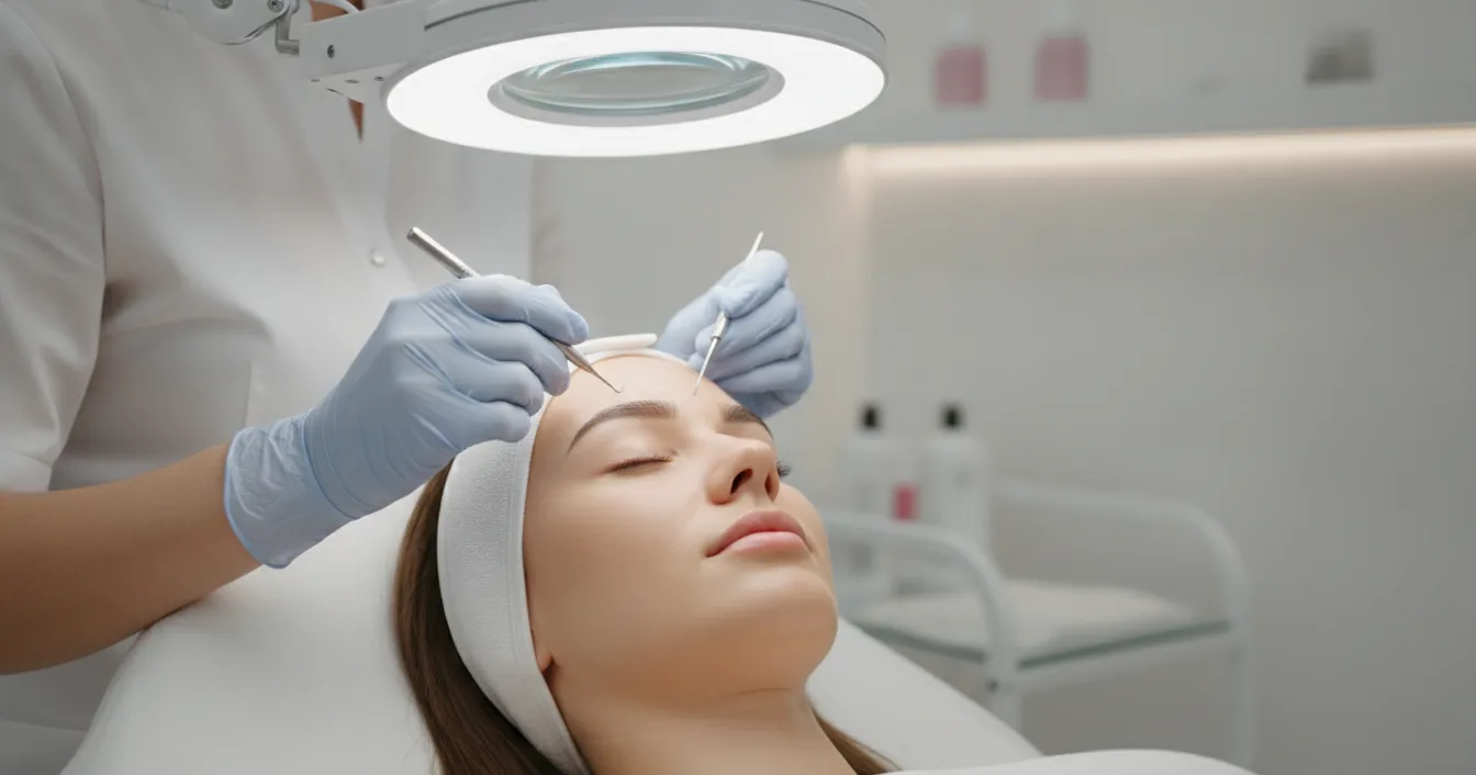 A gloved technician examines a woman's eyebrows up close during a cosmetic clinic consultation under bright light.