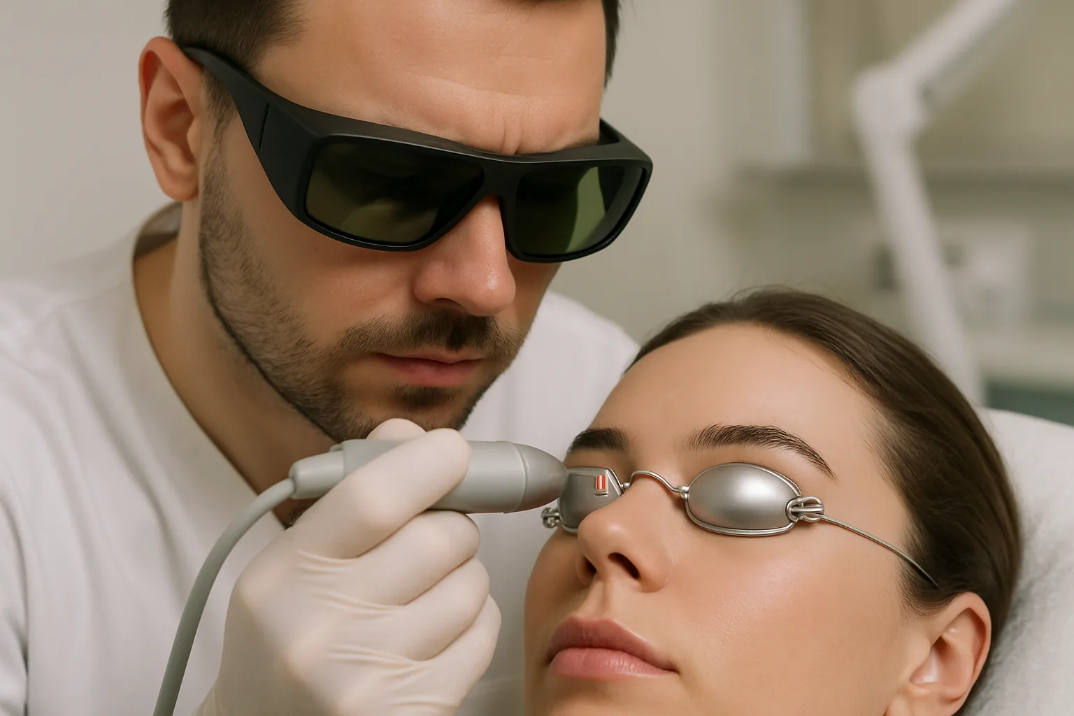 A laser technician in protective glasses guides a handheld device near a woman's eyebrow while she wears protective eye shields in a clinic.