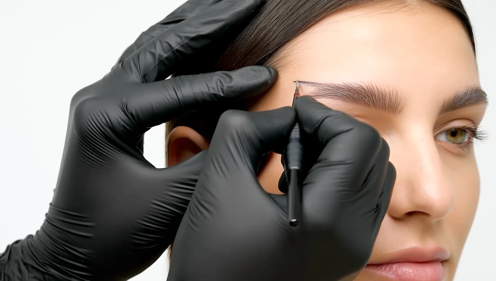 A permanent makeup artist's gloved hands work along a woman's eyebrow with a small handheld tool in a clean, bright studio.