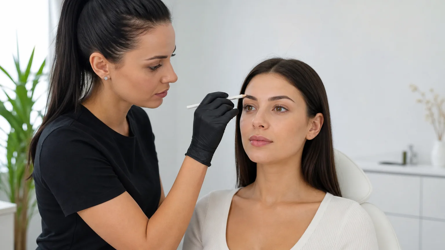 Artist marking a client's brow with a pencil