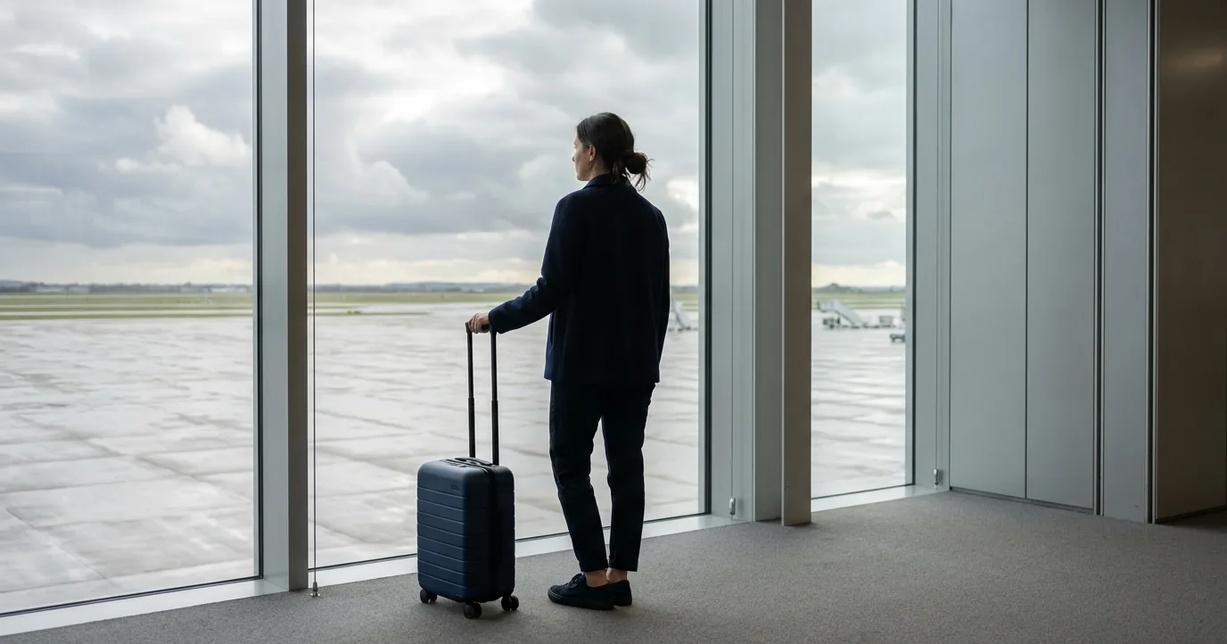 Woman with a suitcase at an airport window