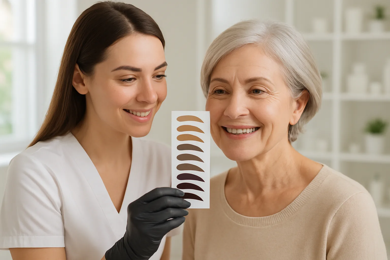 A permanent makeup artist holds a brow color swatch beside a smiling older client during a consultation.