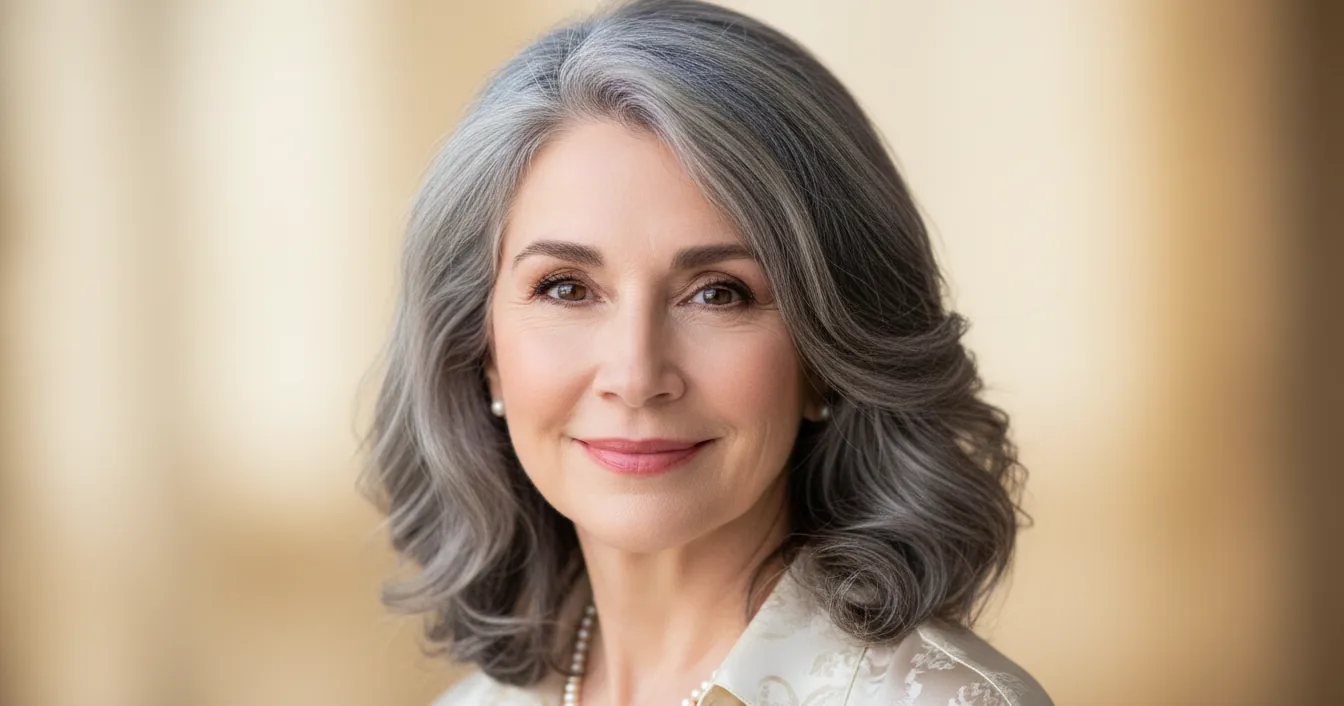 A confident woman in her late fifties with soft, naturally shaped eyebrows in warm studio light.