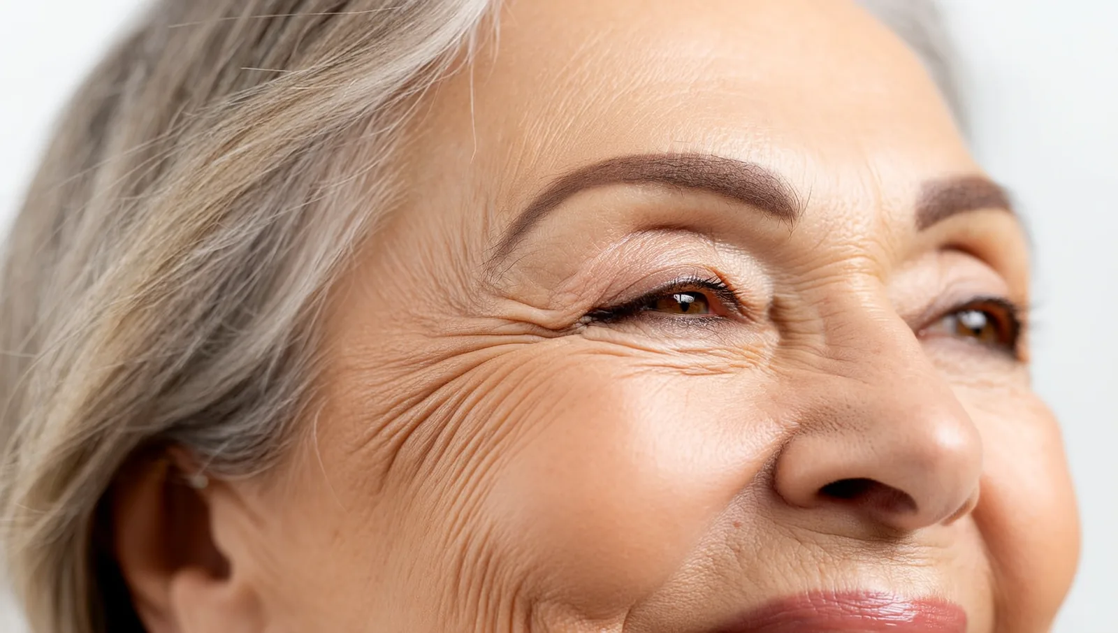 A close-up of a mature woman's softly shaded powder brows after a permanent makeup session.