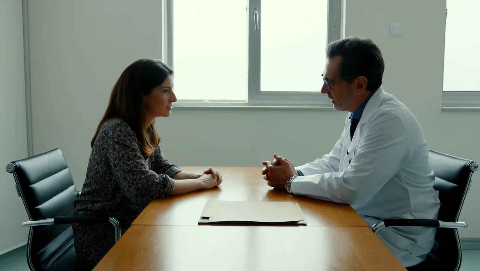 A patient and a doctor sit across a desk in a bright clinic room, talking.
