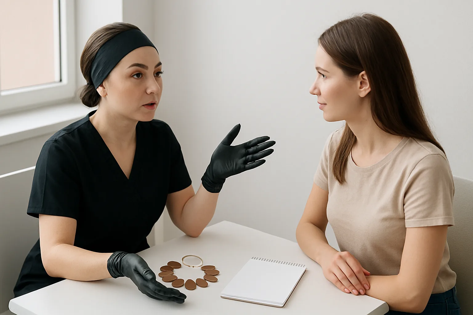 A permanent makeup artist in black gloves talks with a client across a small table in a bright studio.