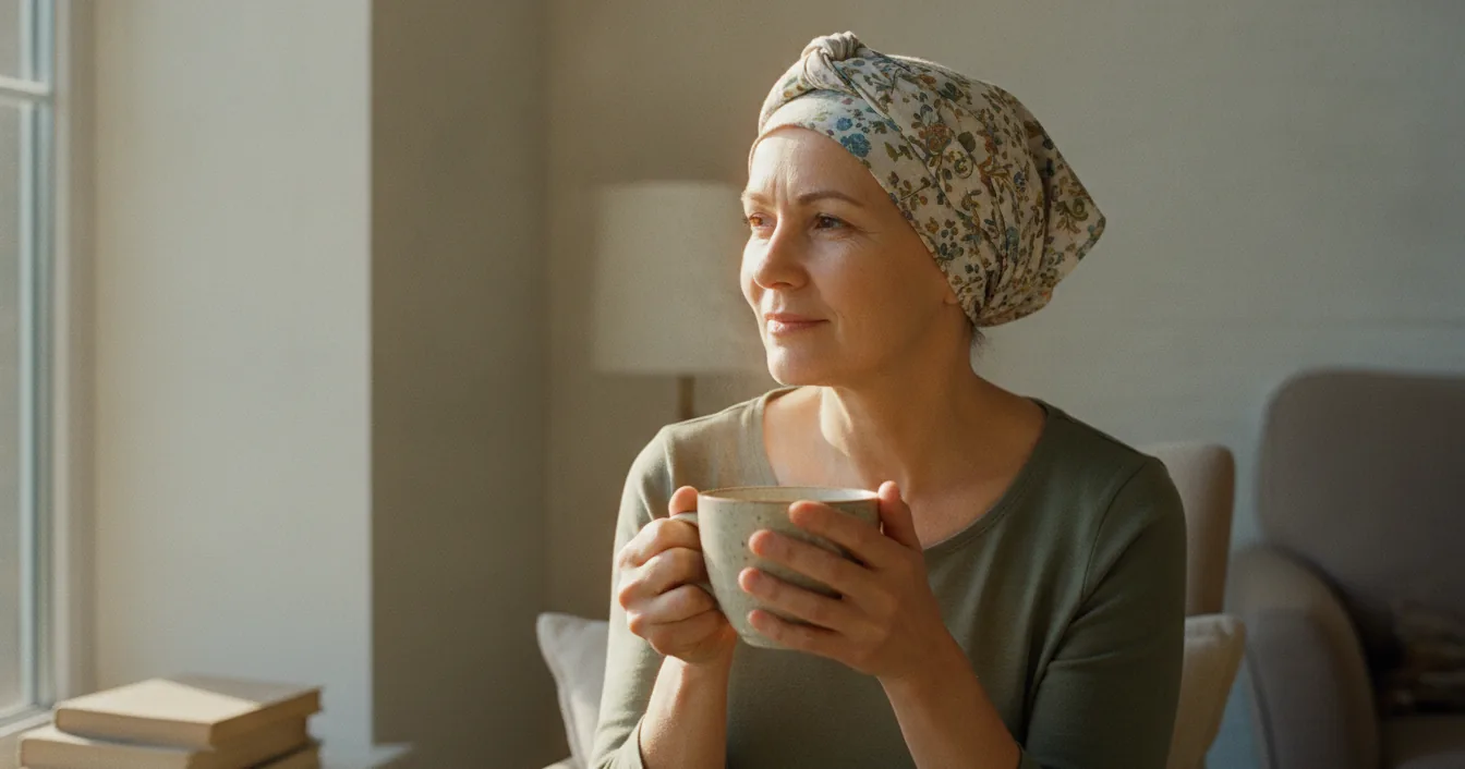A woman in a patterned head wrap sits beside a sunlit window holding a mug of tea.