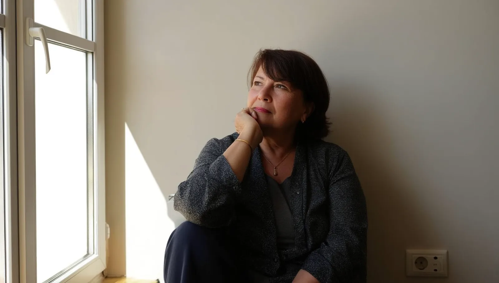 A woman in her forties sits thoughtfully by a sunlit window at home.
