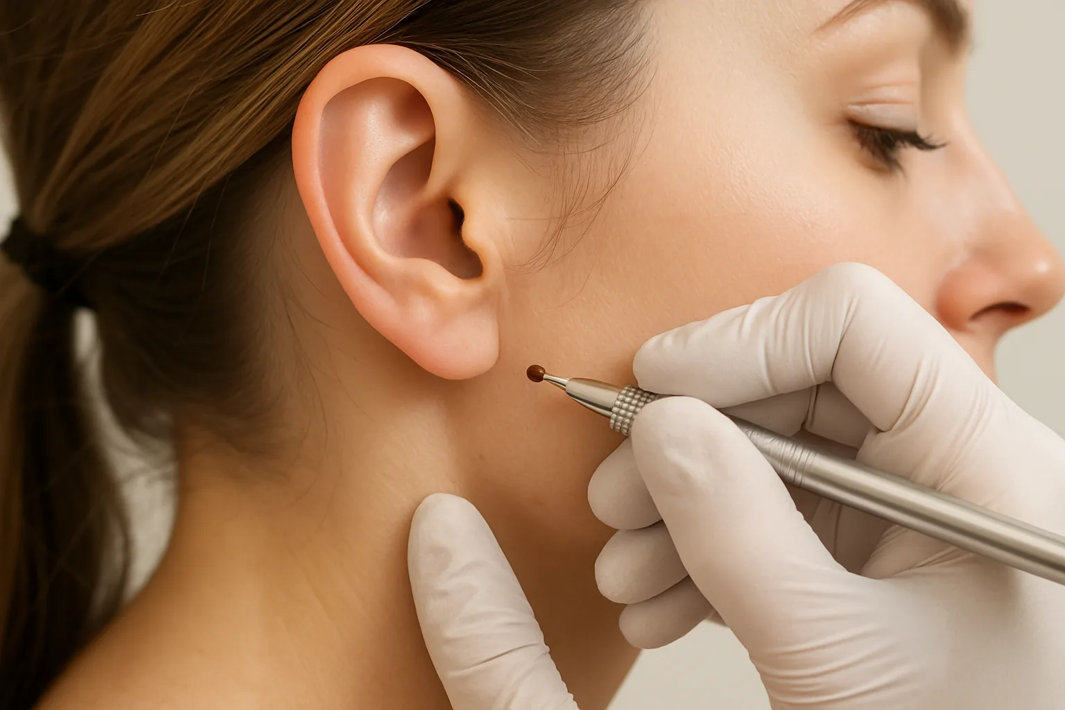 A gloved beautician performs a small pigment patch test behind a client's ear in a bright studio.