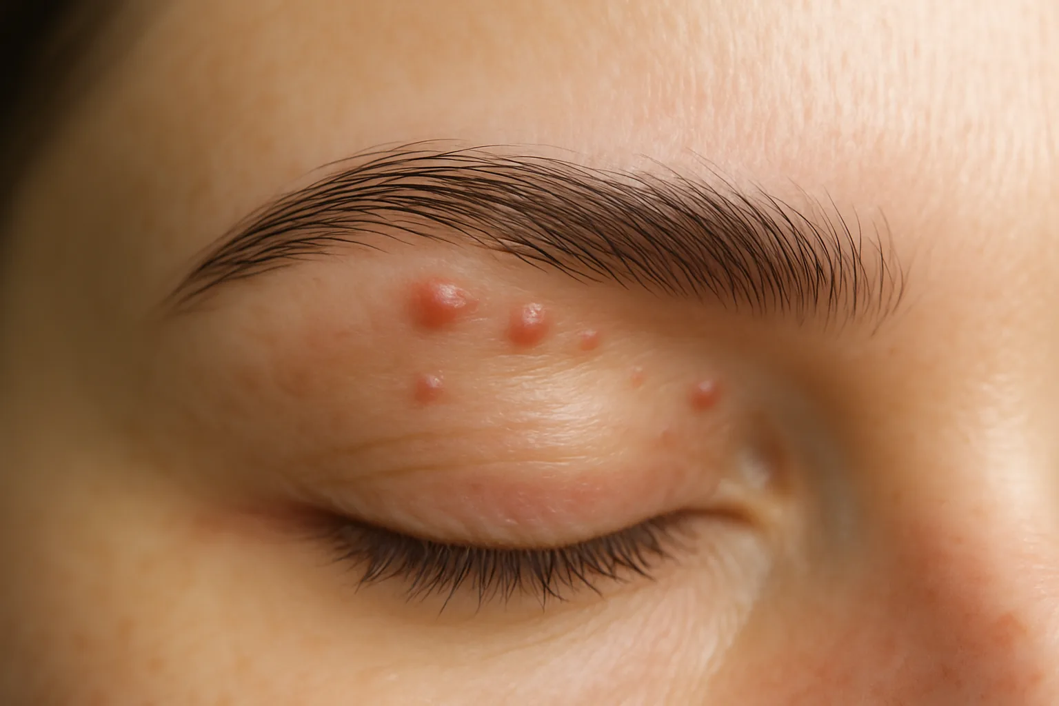 A close-up of small raised bumps along a healed eyebrow.
