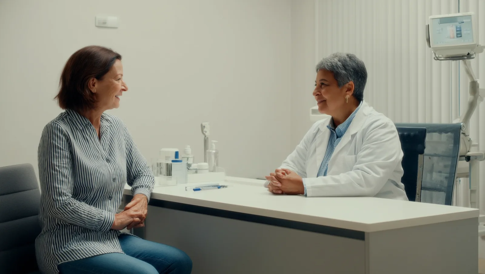 A woman talking with a dermatologist across a desk during a clinic consultation.