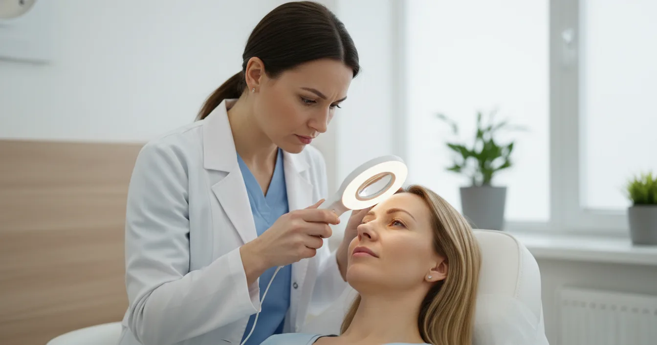 A dermatologist examines a woman's healed eyebrows up close with a handheld magnifier in a bright clinic.