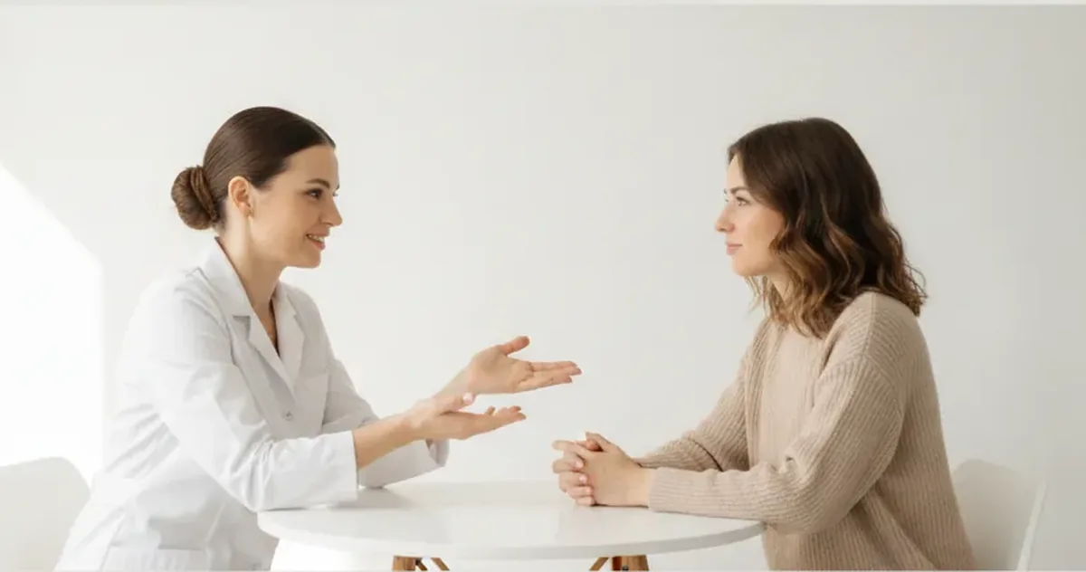 A permanent makeup artist and a client talking across a small table during a consultation in a bright brow studio.