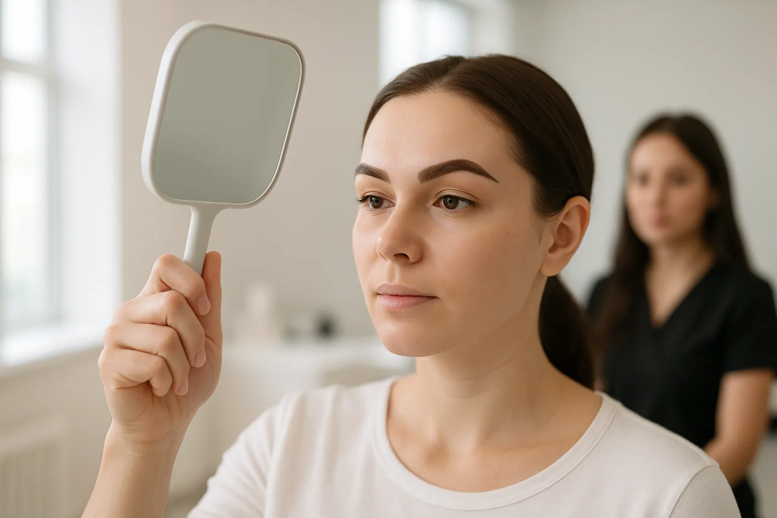 A woman holds a small hand mirror and studies her healed eyebrows closely in a bright studio while an artist stands nearby.