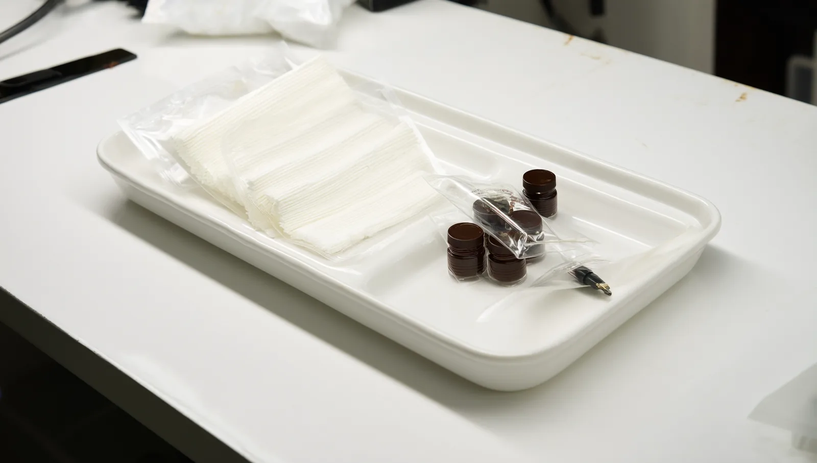 A permanent makeup artist's gloved hands arrange sterile single-use tools and small pigment cups on a clean tray.
