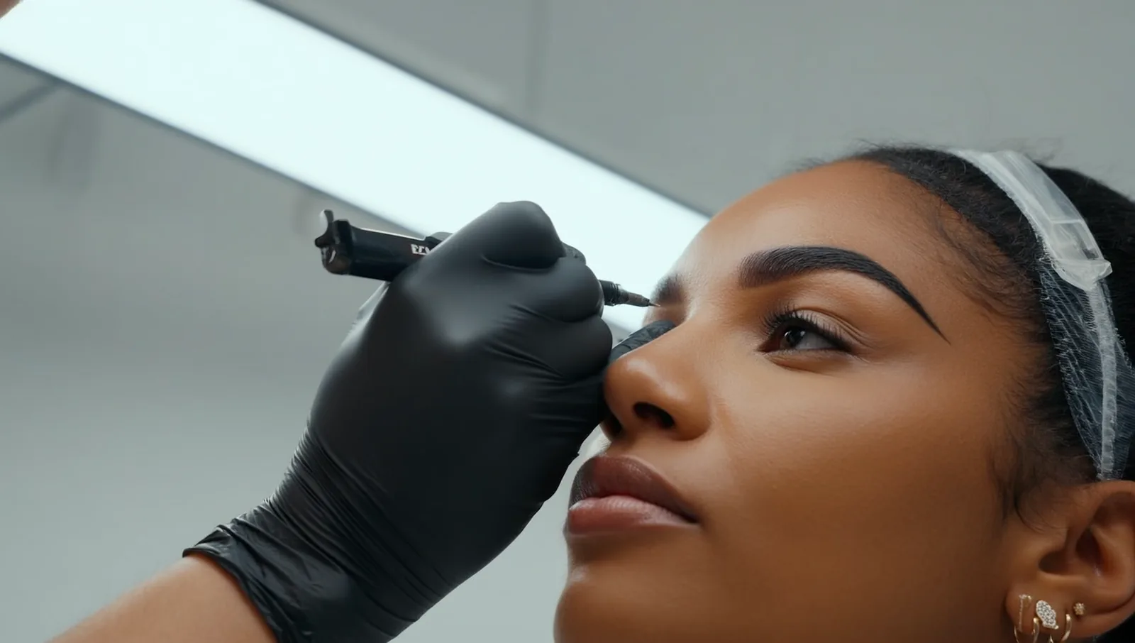 A gloved microblading artist shaping the eyebrows of a client with deep brown skin in a bright studio.