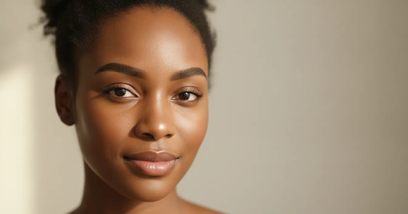 Close-up portrait of a Black woman with full, natural-looking groomed eyebrows in soft daylight.