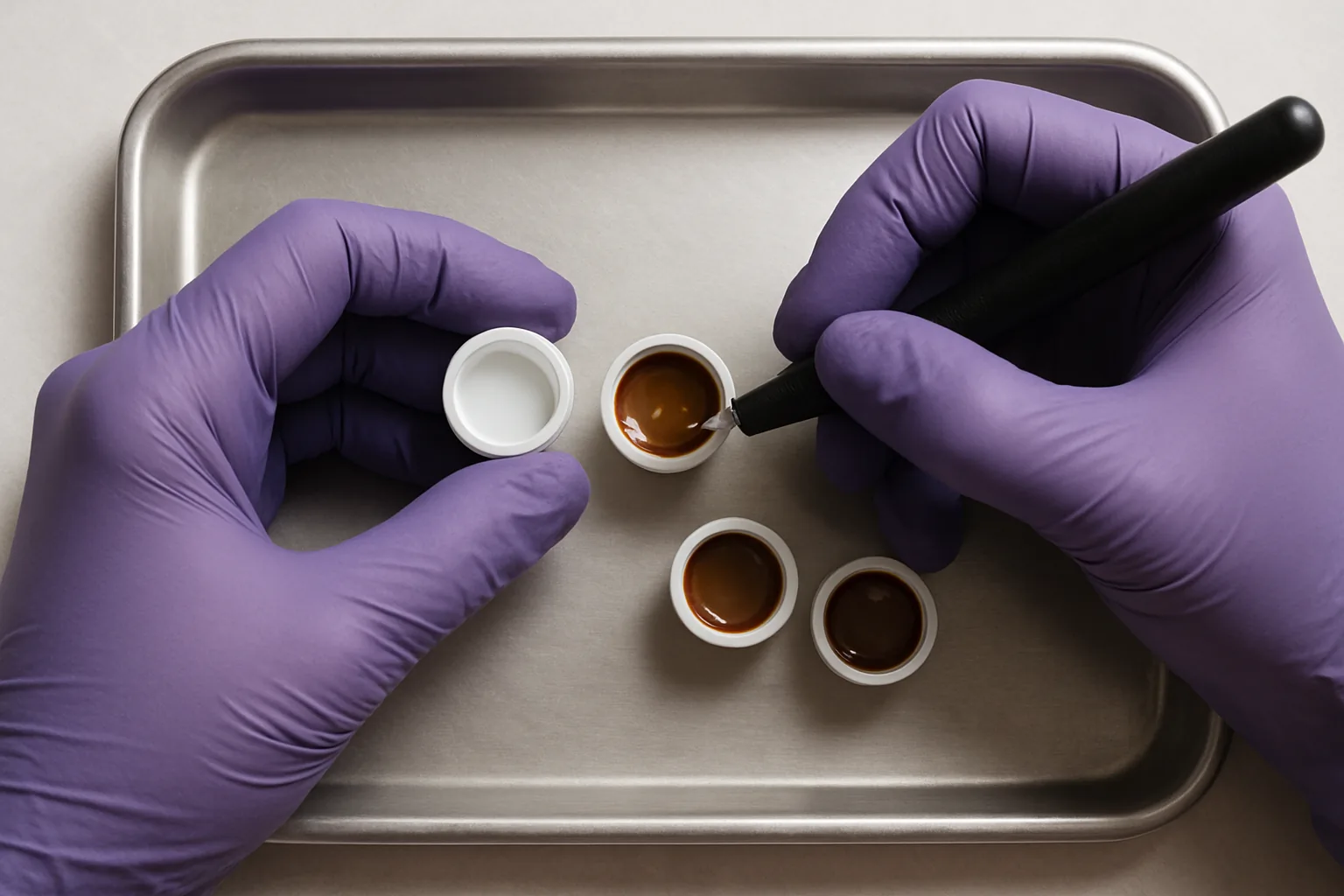 A permanent makeup artist's gloved hands blending warm brown microblading pigment in mixing caps on a studio tray.
