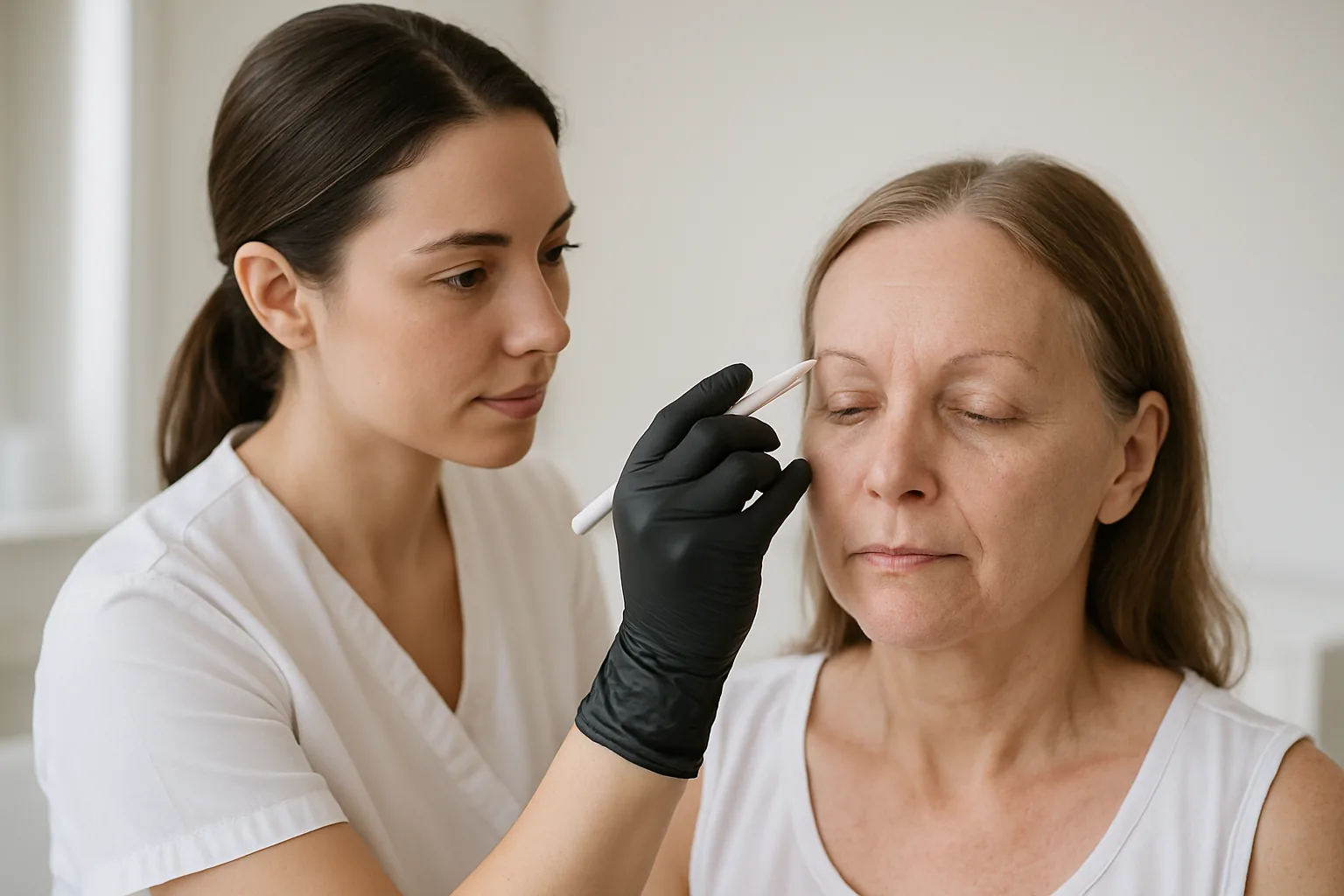Gloved artist holding a pencil to a client's sparse brow