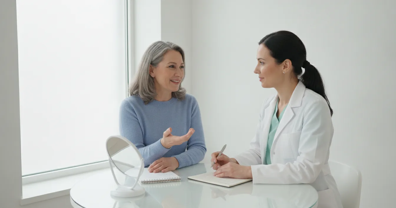 A woman talks with a doctor across a desk in a clinic