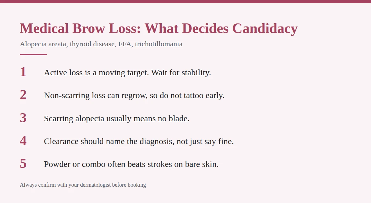 Summary card: Medical Brow Loss, What Decides Candidacy