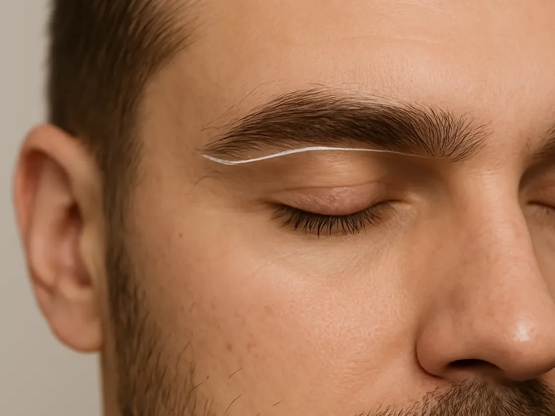 A man's eyebrow with a white mapping guide line drawn along its lower border, before any pigment is applied.