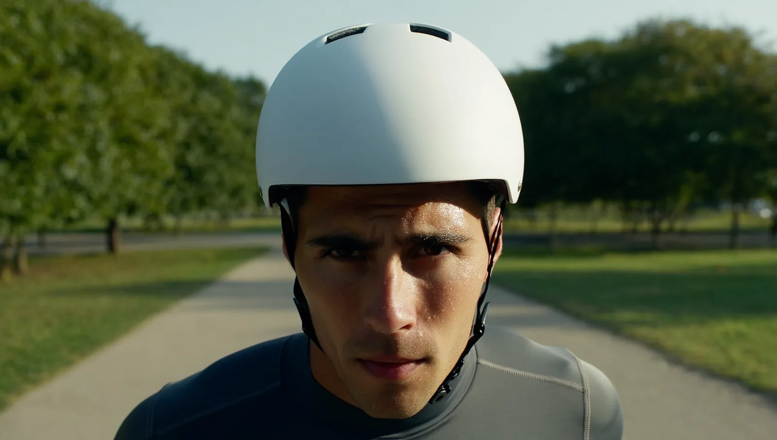 A man in a commuter cycling helmet after riding, sweat beading across his forehead and running down to the brow line.