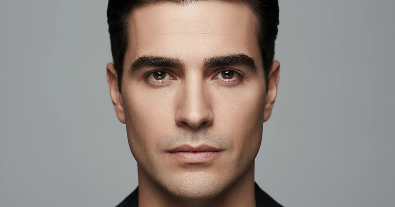 A man in his thirties with naturally full, straight eyebrows photographed in soft studio light.